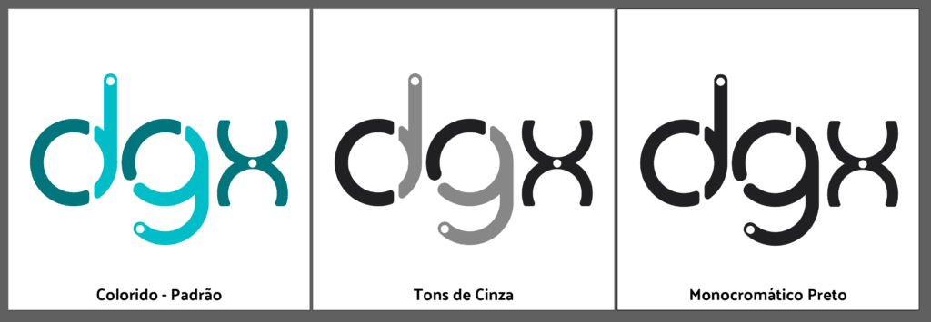 Variações do logo nas opções padrão, tons de cinza e monocromático preto