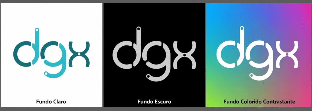 Exemplos do logo DGX aplicado corretamente em diferentes fundos contrastantes.